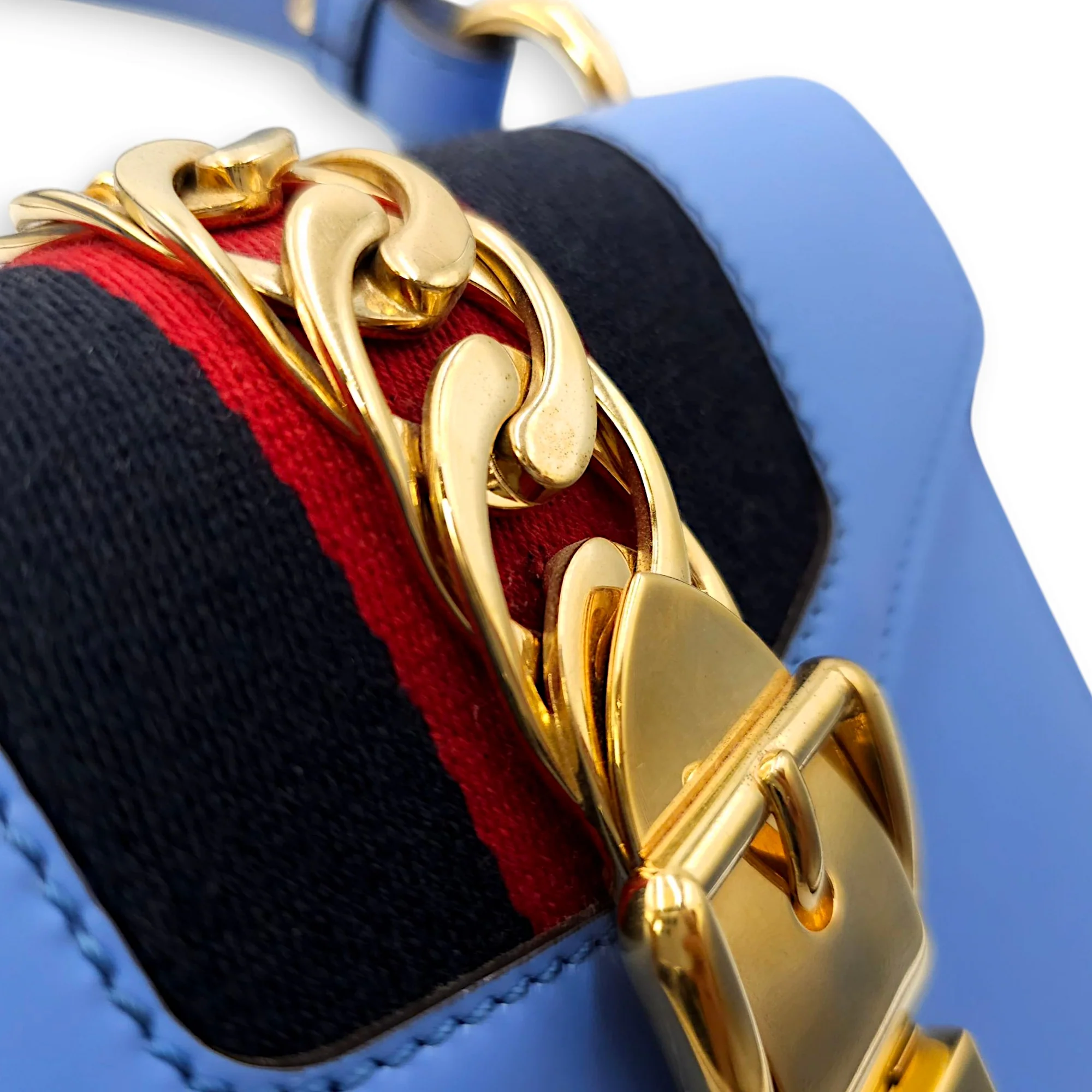 Sylvie Blue Top Handle Bag in Calfskin, Gold hardware