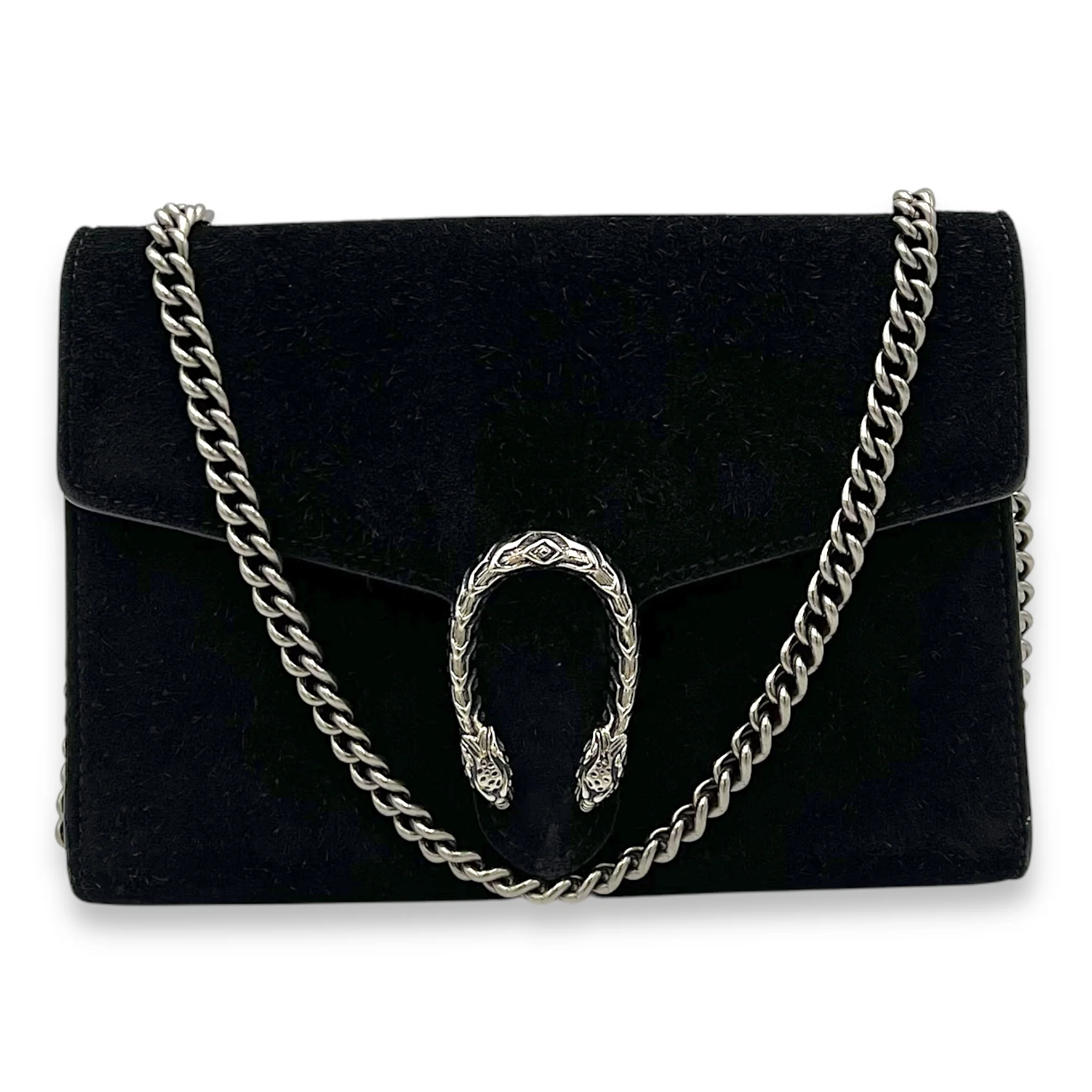Dionysus Black Wallet On Chain in Suede Leather, Ruthenium hardware