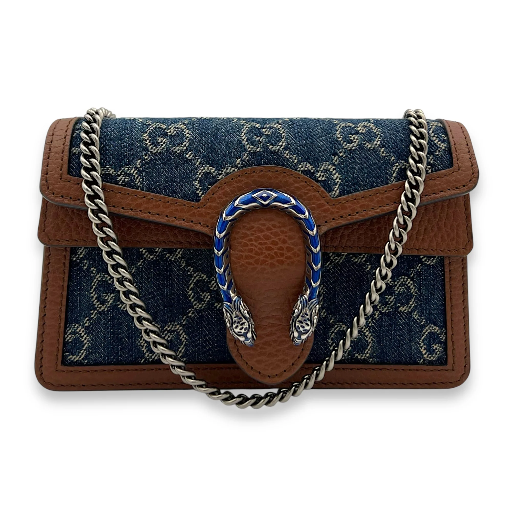 Dionysus Crossbody Bag Super Mini Blue in Denim, Silver hardware