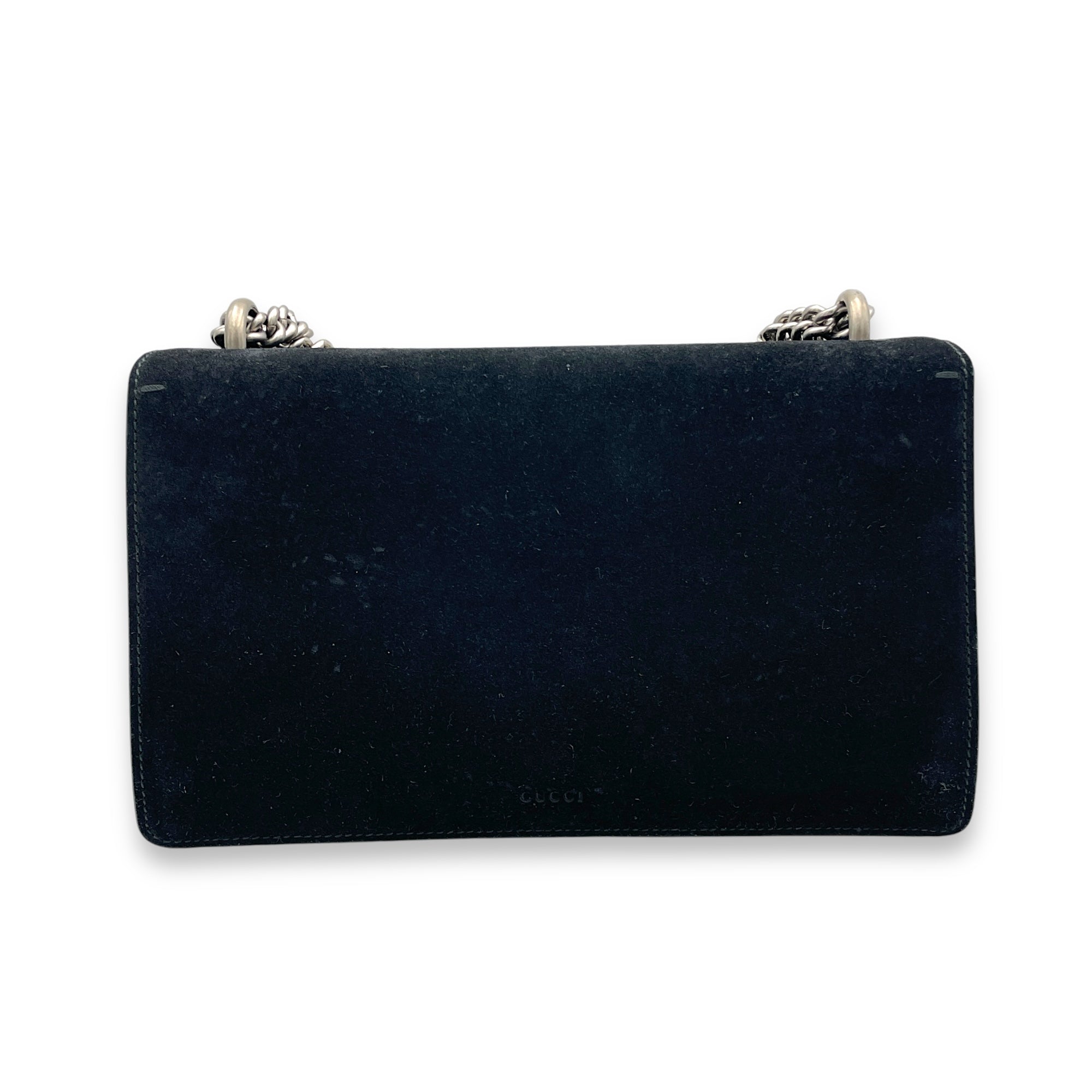 Dionysus Small Black Shoulder Bag in Suede Leather, Silver hardware