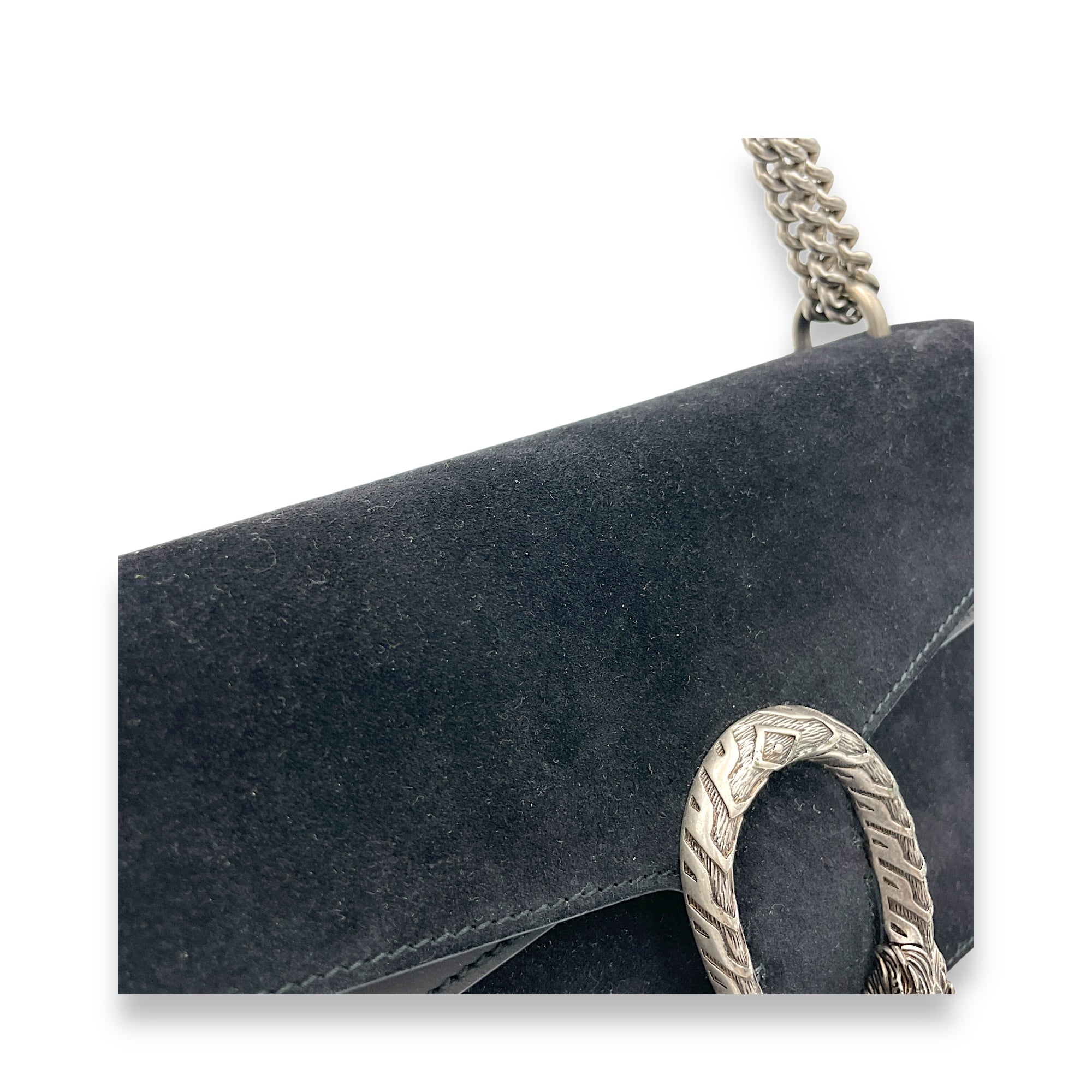 Dionysus Small Black Shoulder Bag in Suede Leather, Silver hardware