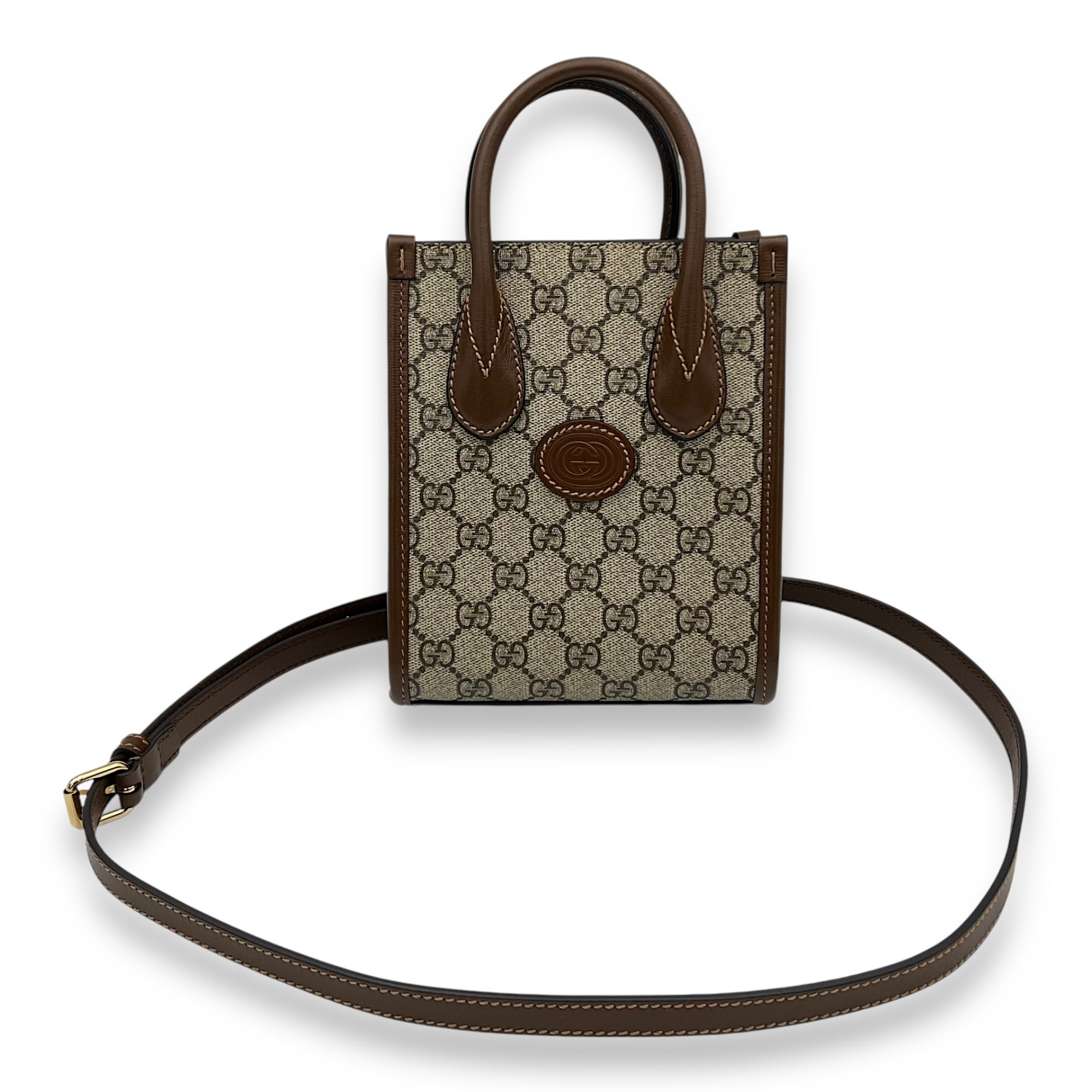 Interlocking G Top Handle Bag Brown in Coated Canvas, Gold hardware