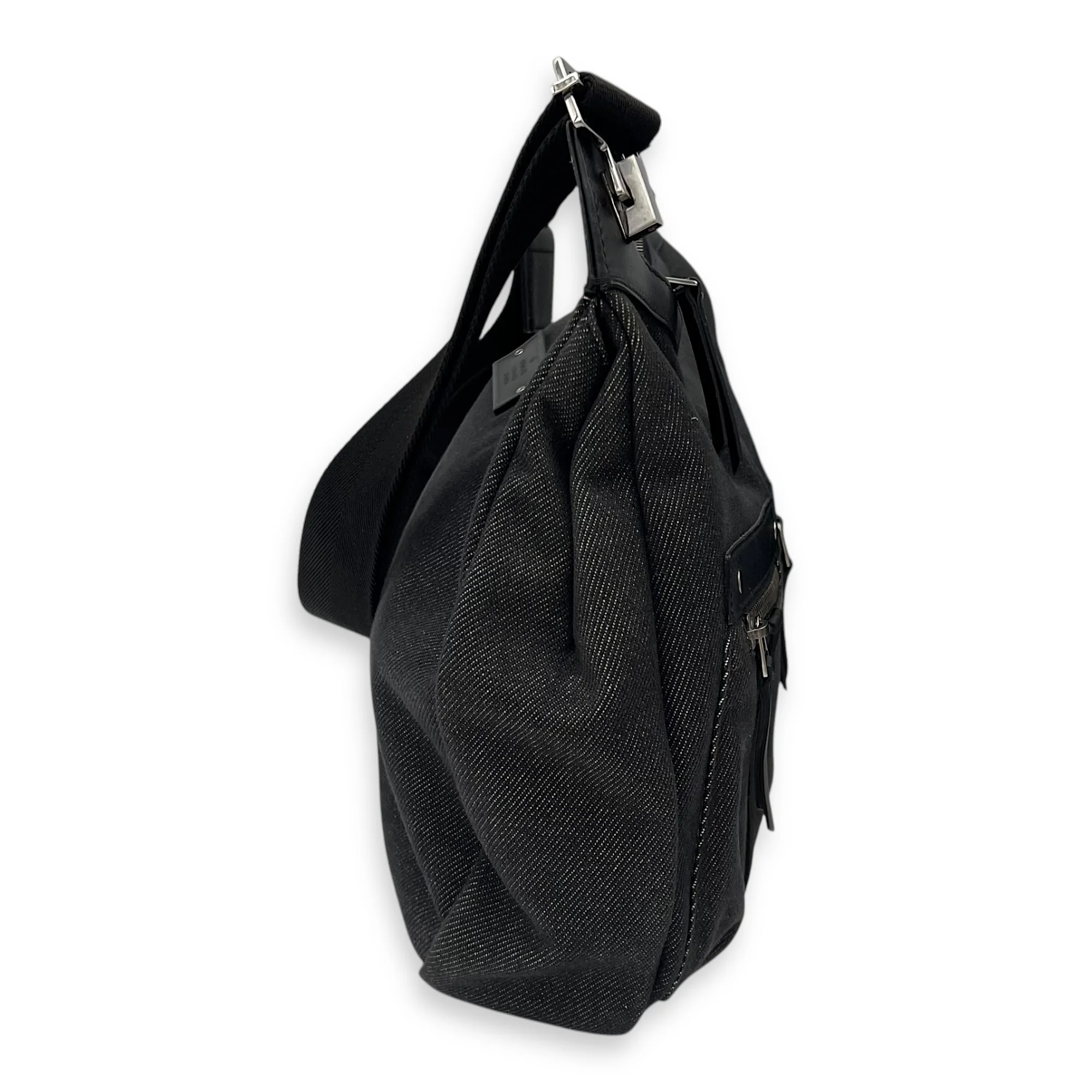 Pocket Black Shoulder Bag in Denim, Silver hardware