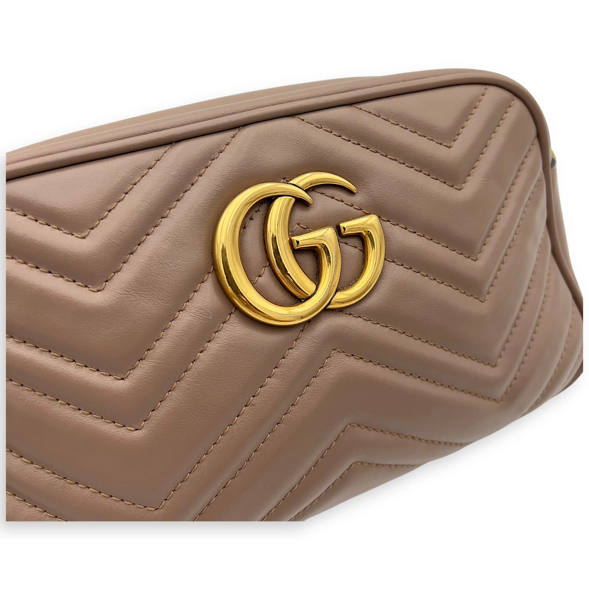 GG Marmont Small Beige Shoulder Bag in Calfskin, Gold hardware
