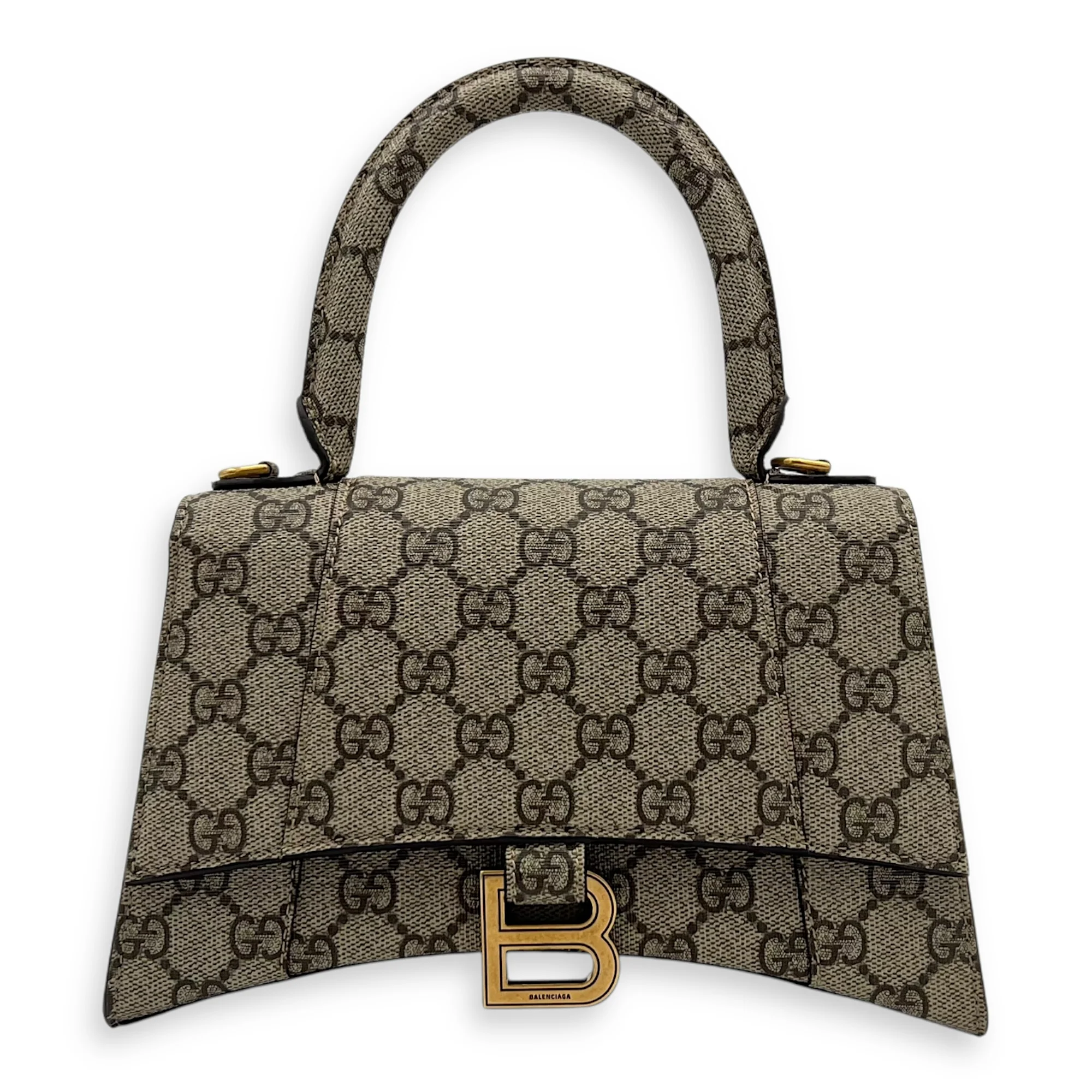 x Balenciaga Hourglass GG Supreme Brown Top Handle Bag in Monogram Coated Canvas, Gold hardware