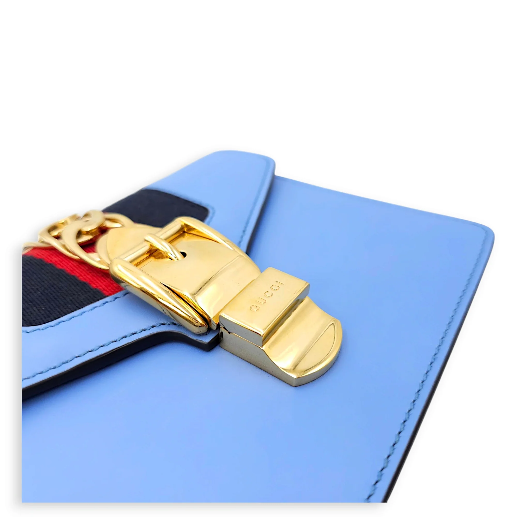 Sylvie Blue Top Handle Bag in Calfskin, Gold hardware