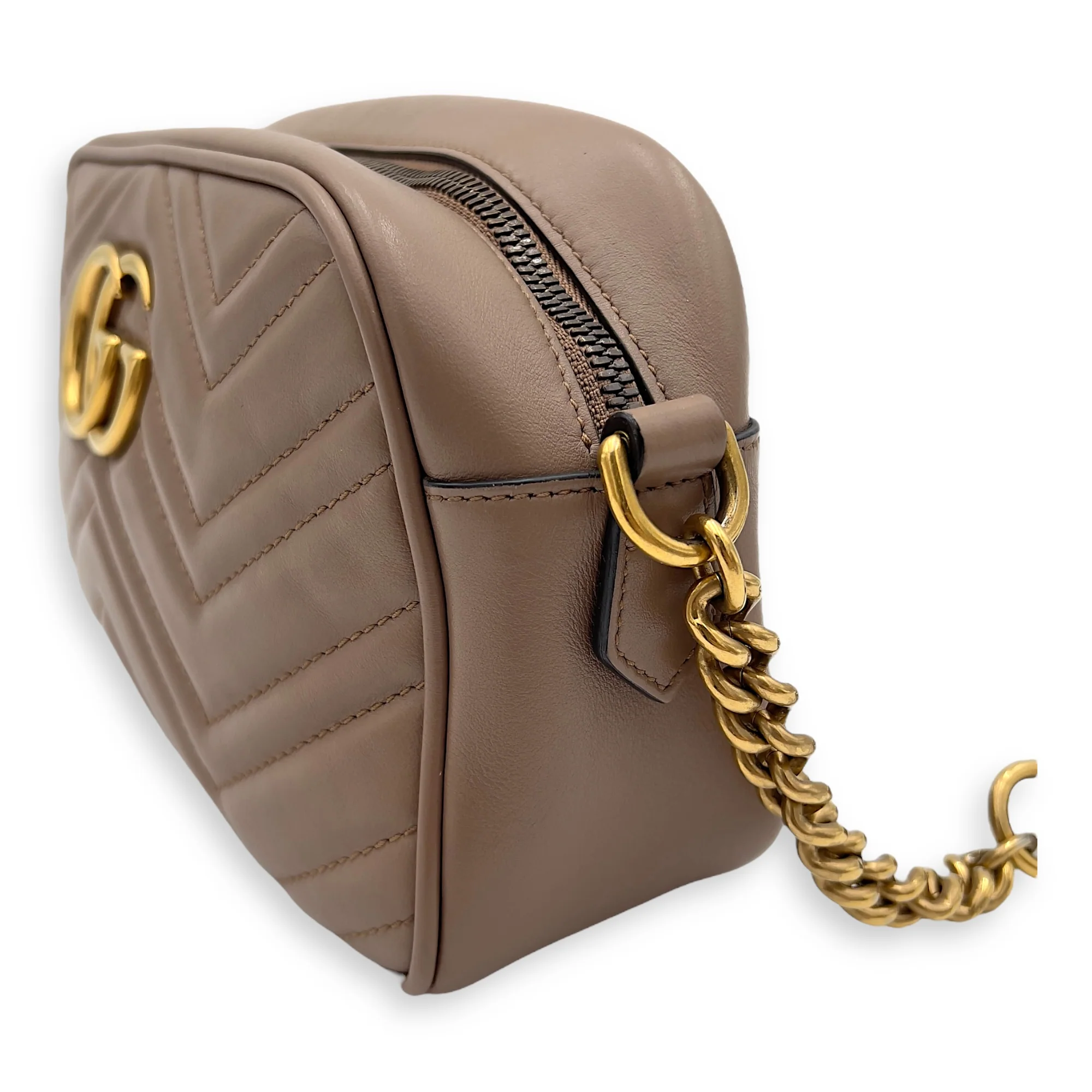 GG Marmont Small Beige Shoulder Bag in Calfskin, Gold hardware