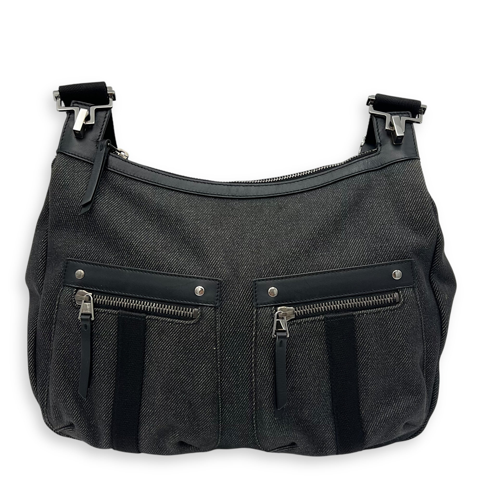 Pocket Black Shoulder Bag in Denim, Silver hardware