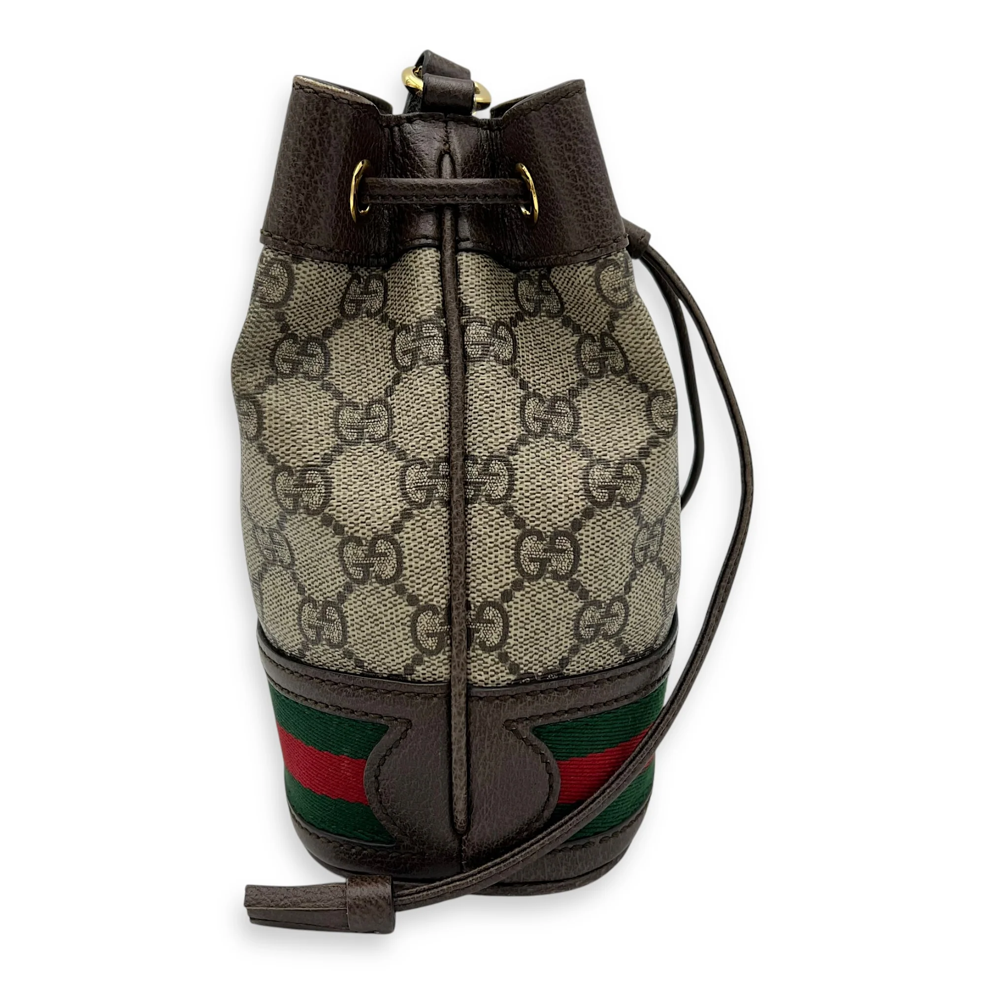 Ophidia Brown Bucket Bag in Monogram Coated Canvas, Gold hardware