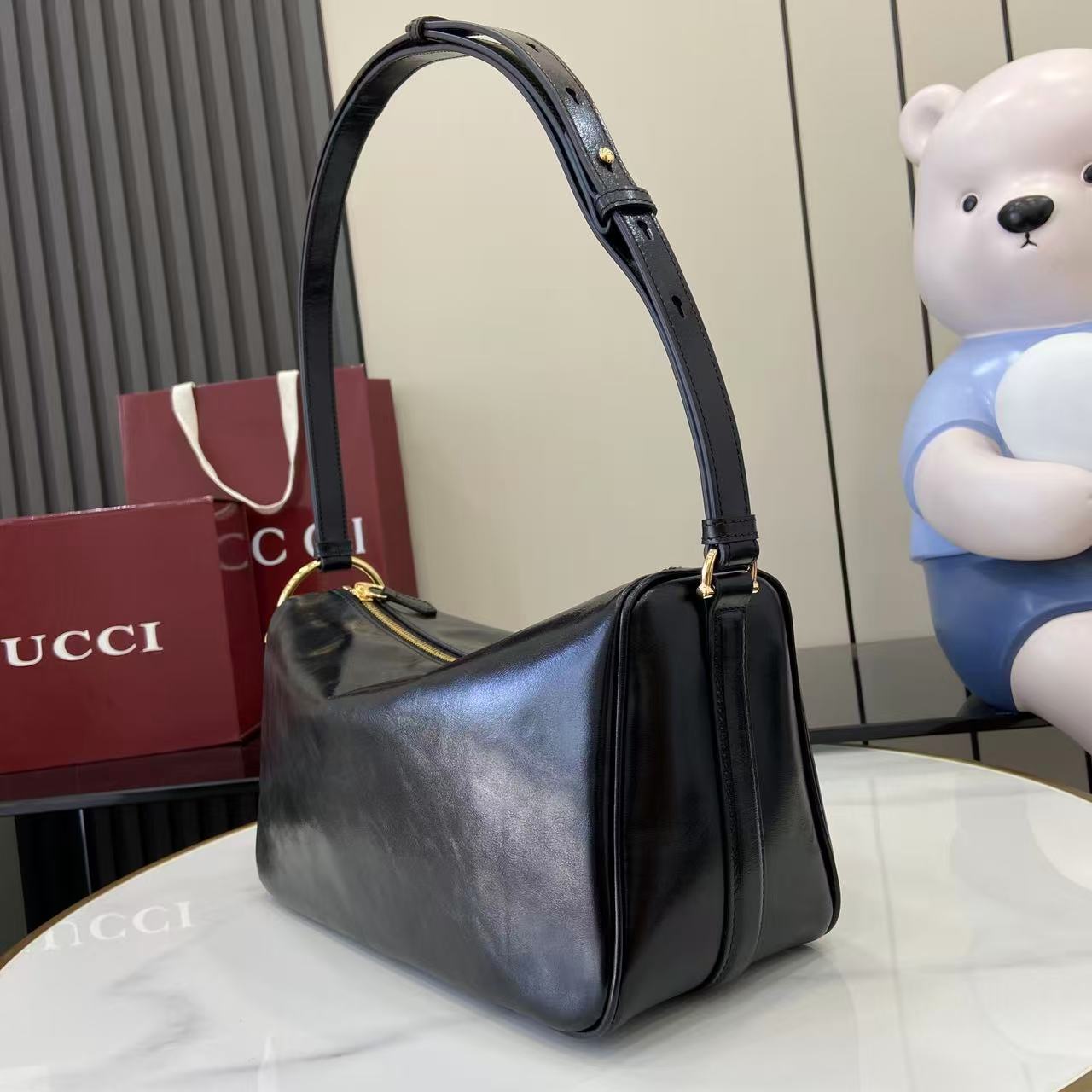 Gucci Half Horsebit Shoulder Black soft glossy leather Medium - Bag