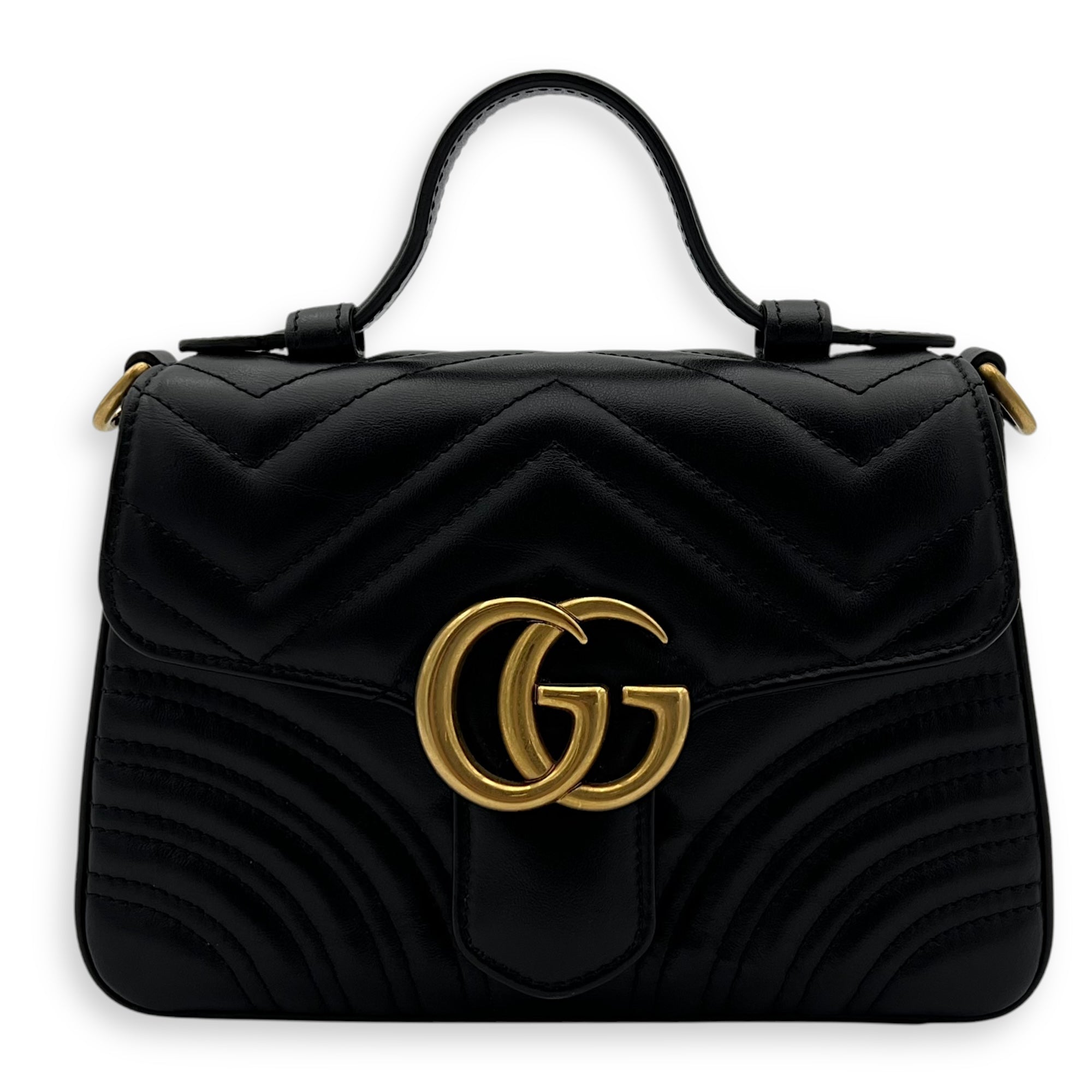 GG Marmont Mini Black Top Handle Bag in Calfskin, Gold hardware