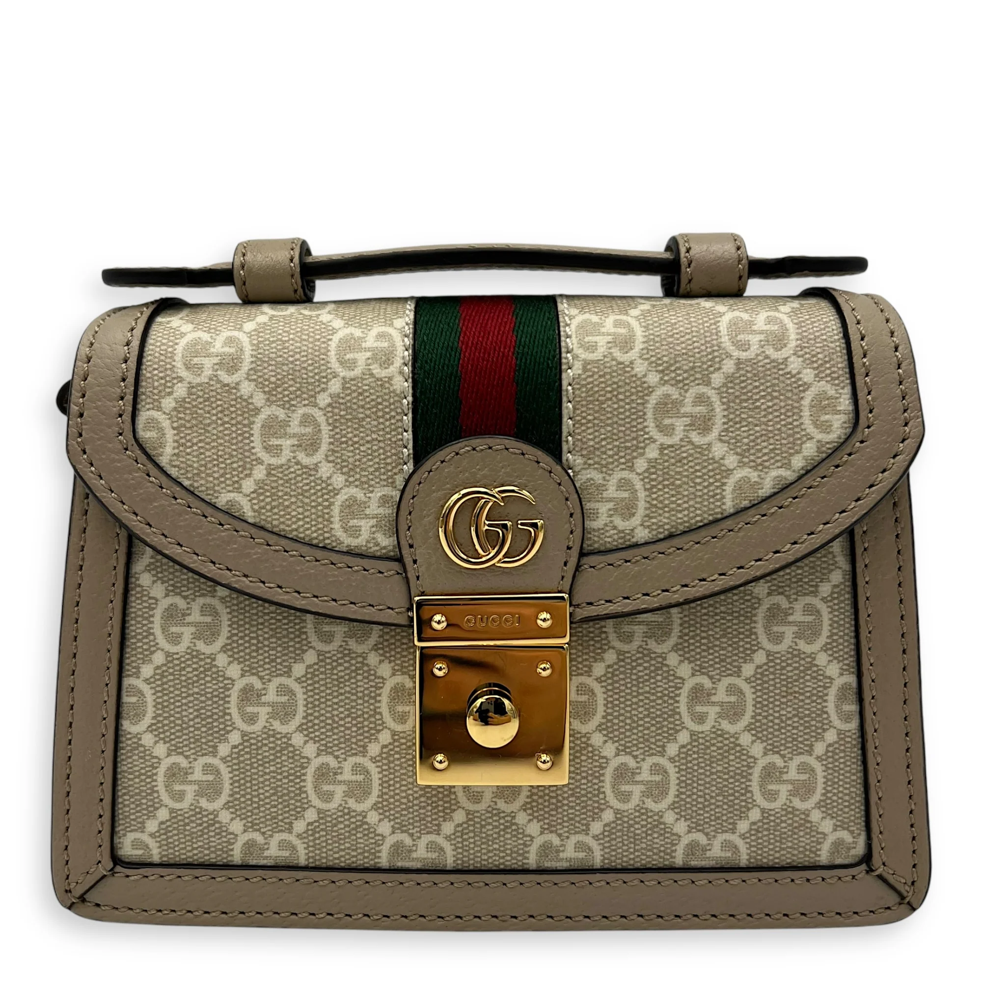 Ophidia Mini Beige Top Handle Bag in Coated Canvas, Gold hardware