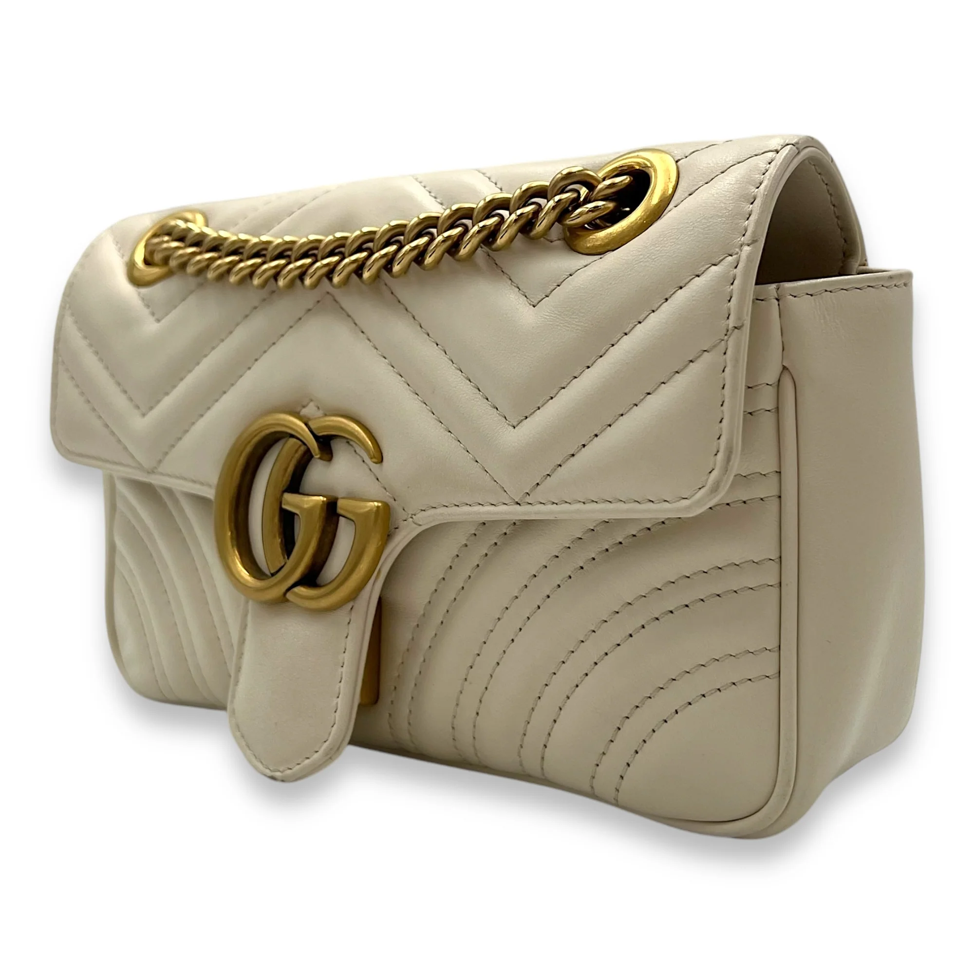 GG Marmont Shoulder Bag Mini White in Calfskin , Brushed Gold Hardware