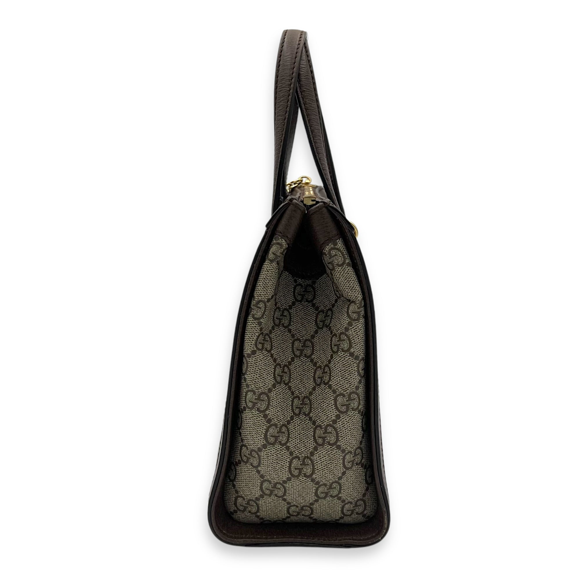 Ophidia Top Handle Bag Brown in Coated Canvas, Silver hardware