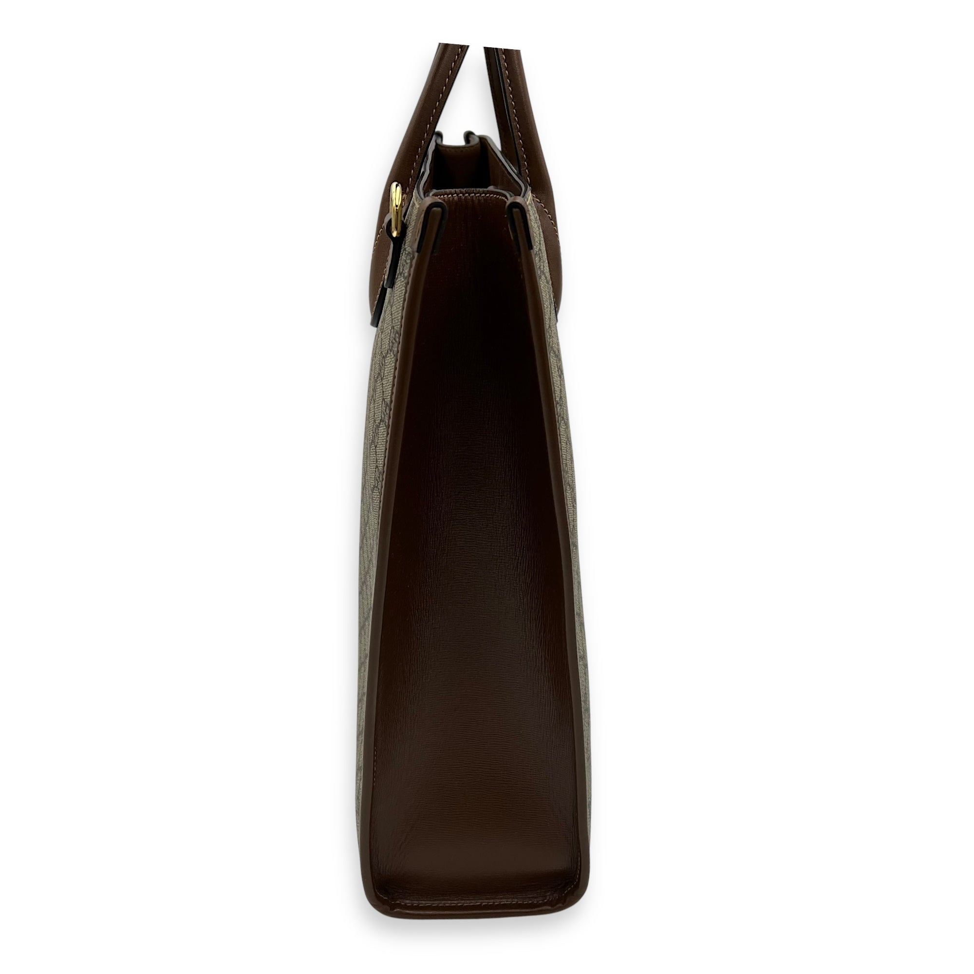 Interlocking G Brown Top Handle Bag in Coated Canvas, Gold hardware