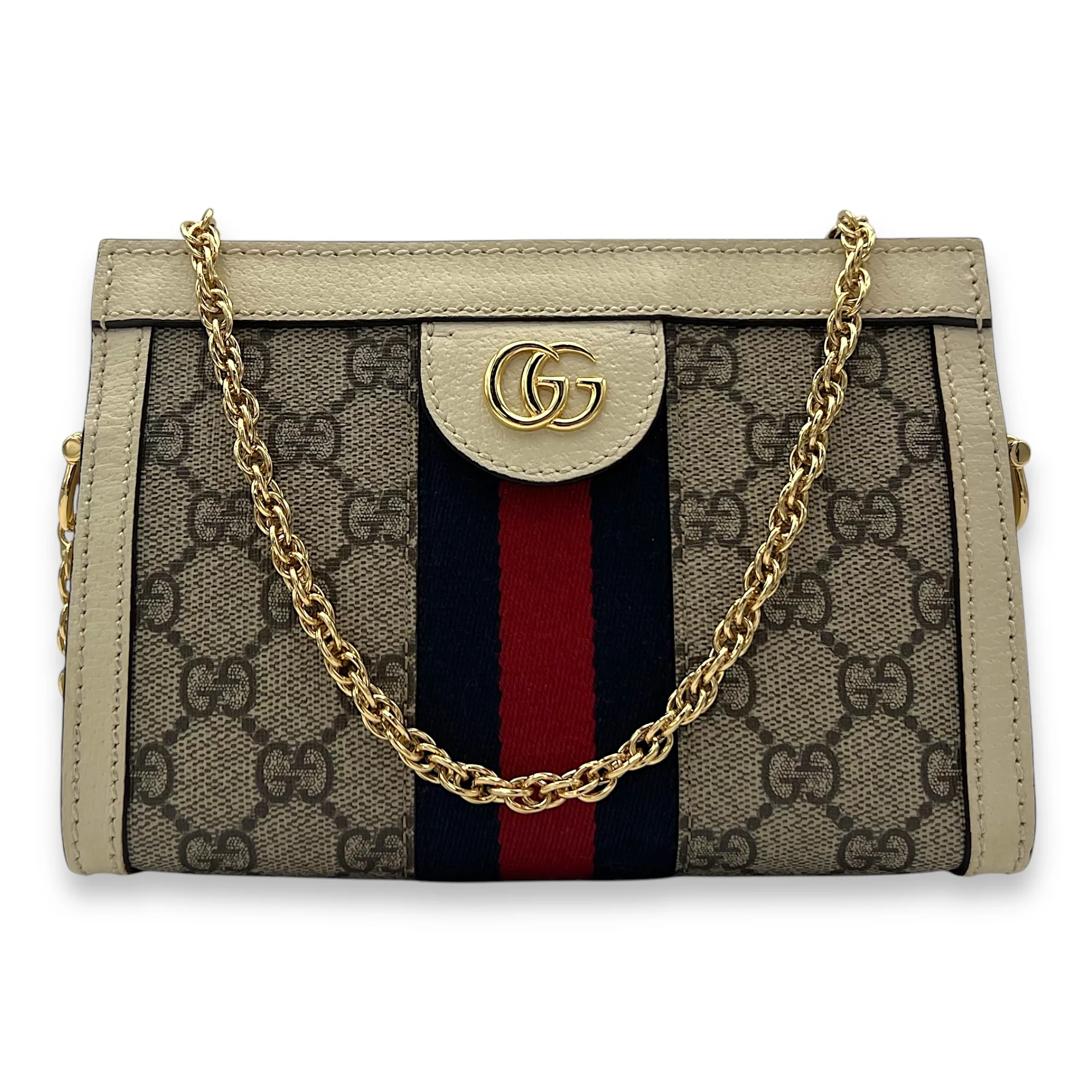 Ophidia Mini White Shoulder Bag in Coated Canvas, Gold hardware