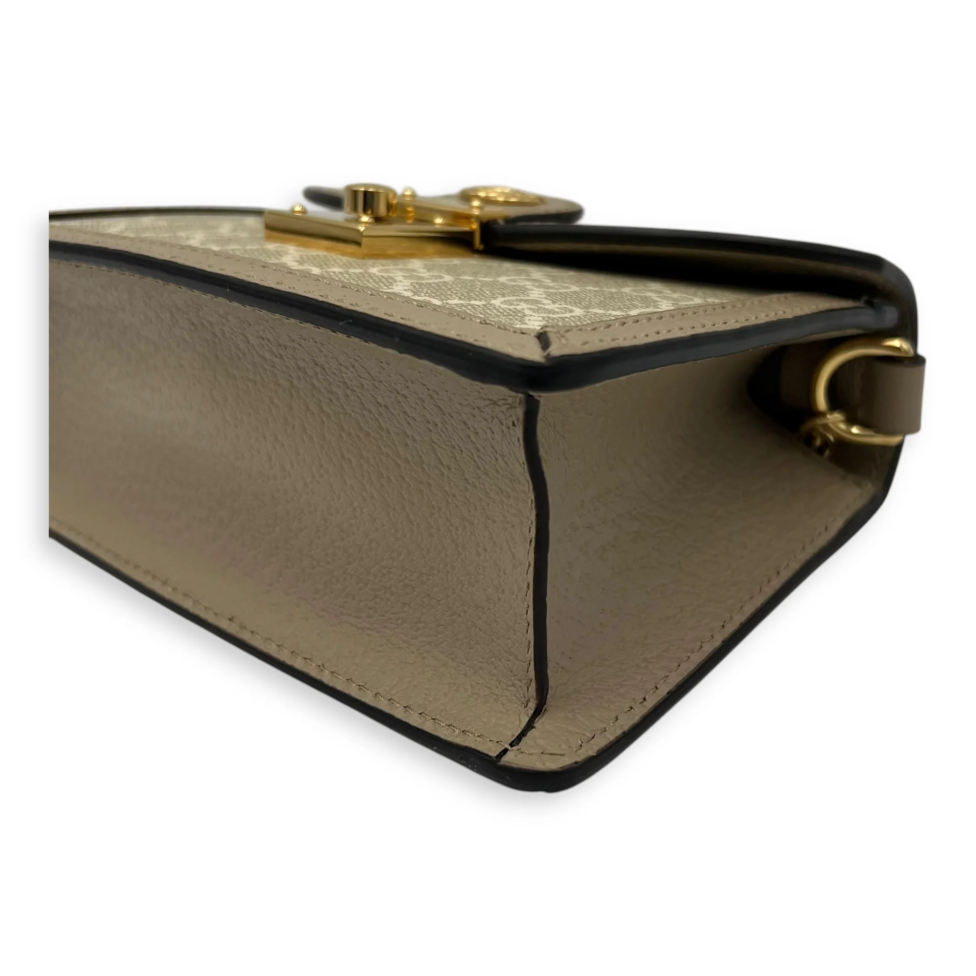 Ophidia Mini Beige Top Handle Bag in Coated Canvas, Gold hardware
