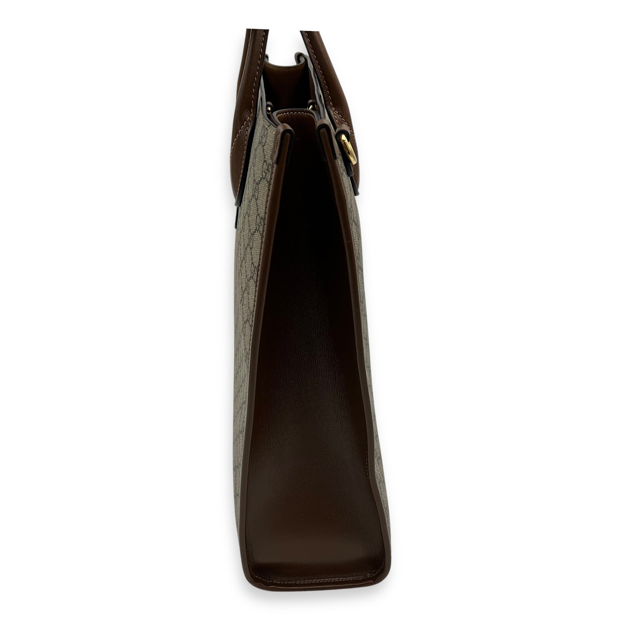 Interlocking G Brown Top Handle Bag in Coated Canvas, Gold hardware