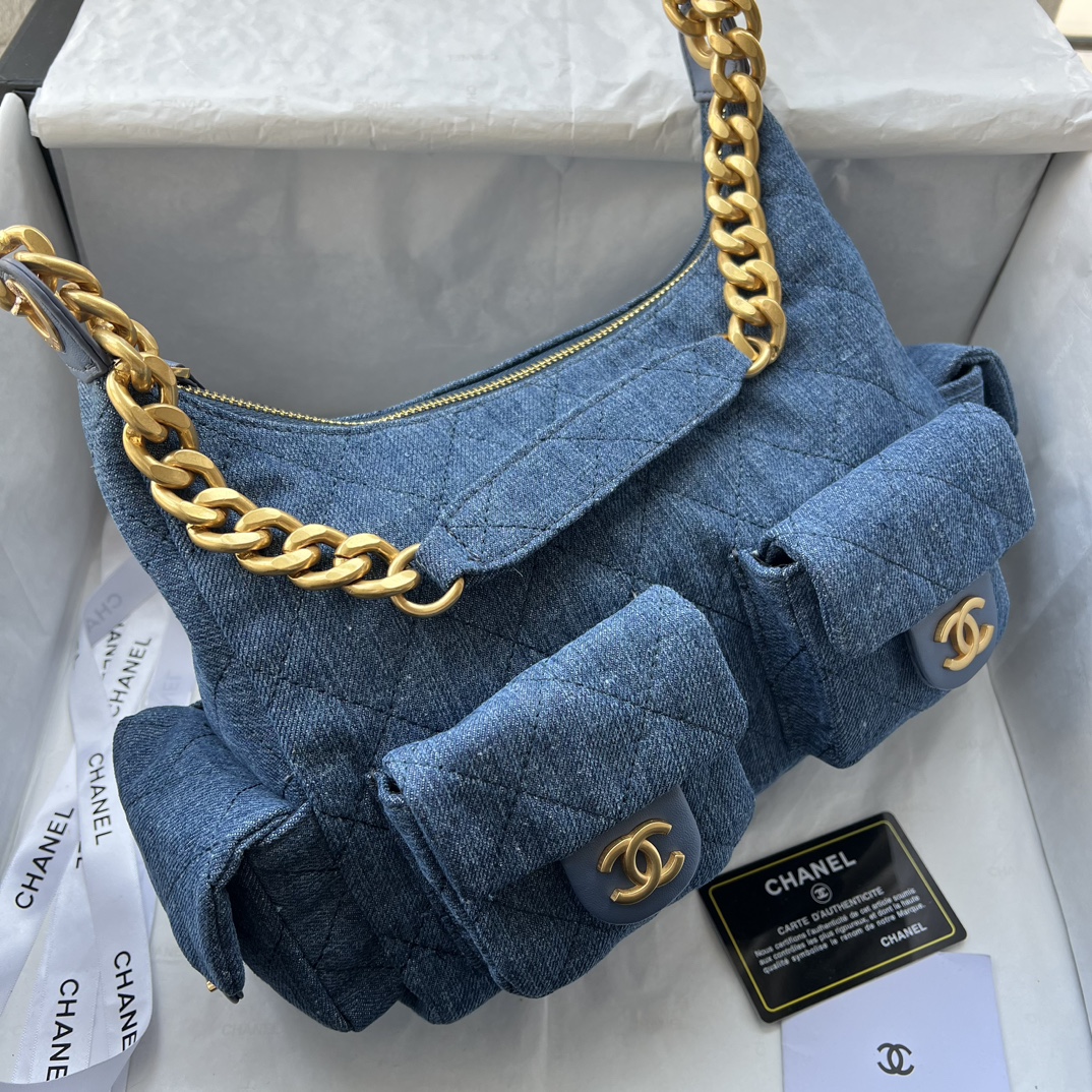 Chanel Hobo Washed Denim And Gold-Tone Metal Blue Bag