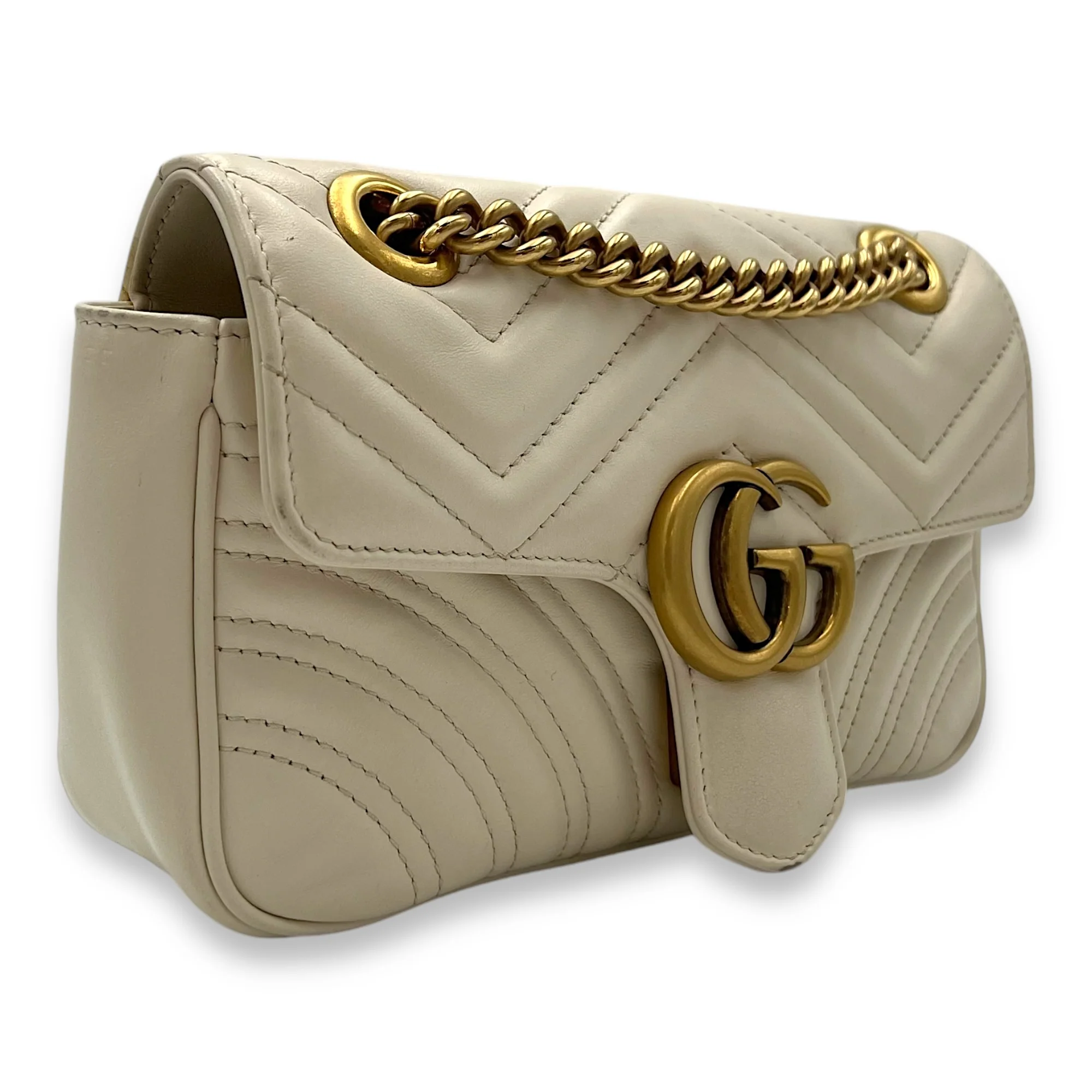 GG Marmont Shoulder Bag Mini White in Calfskin , Brushed Gold Hardware