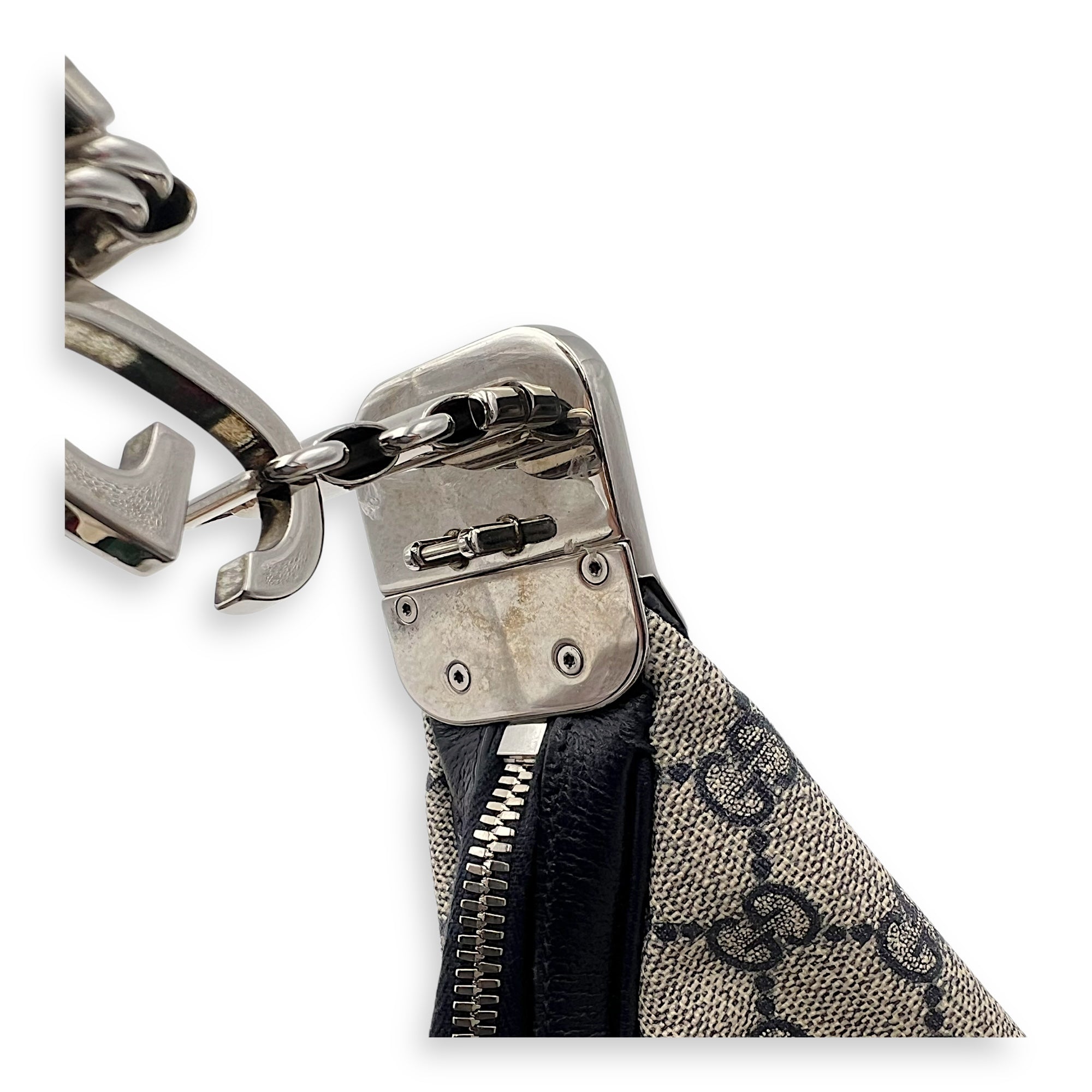 Attache Shoulder Bag Blue in Coated Canvas, Silver hardware