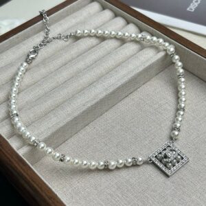 Square Pearl Double C Diamond Pearl Strand Necklace