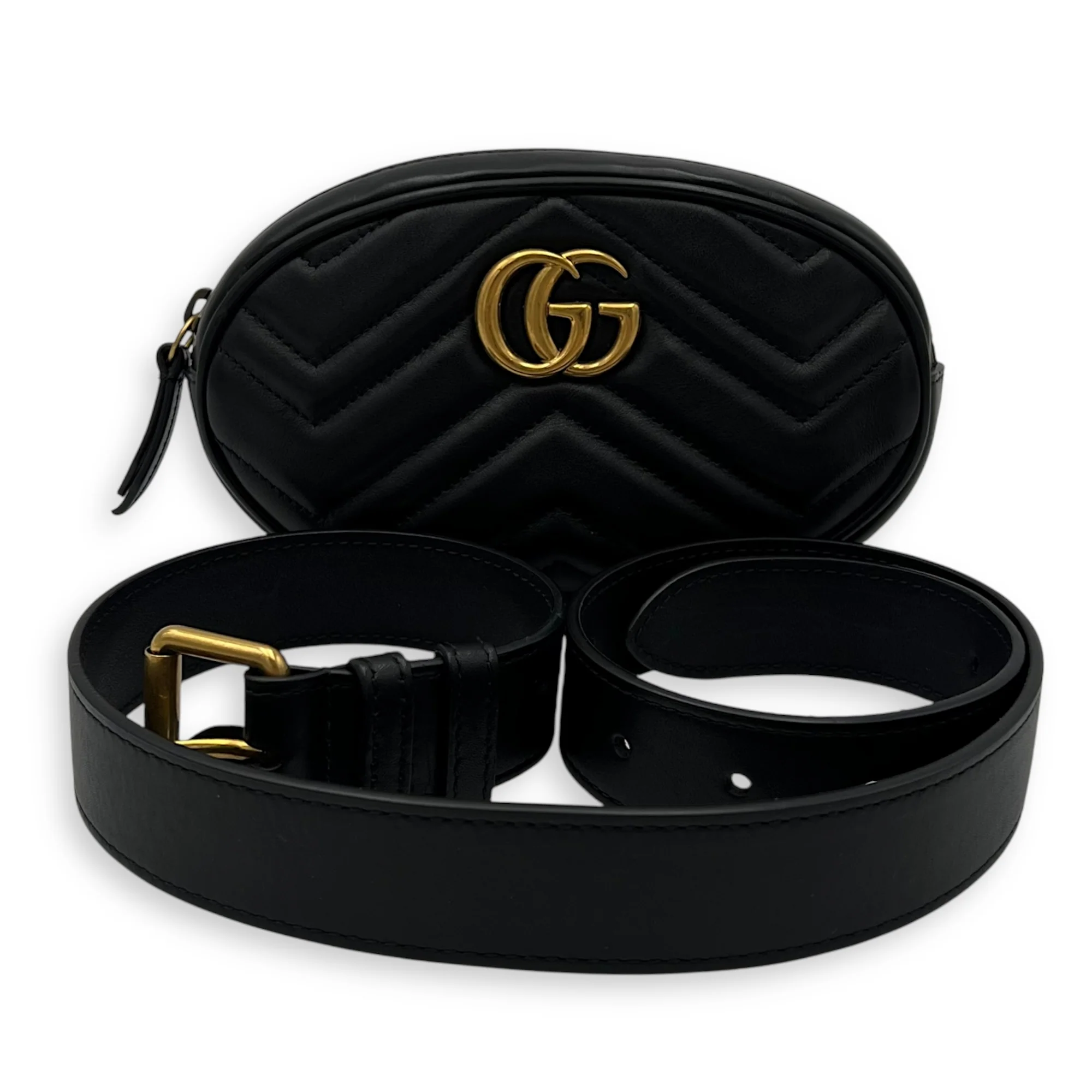 GG Marmont 75cm Black Belt Bag in Calfskin, Gold hardware