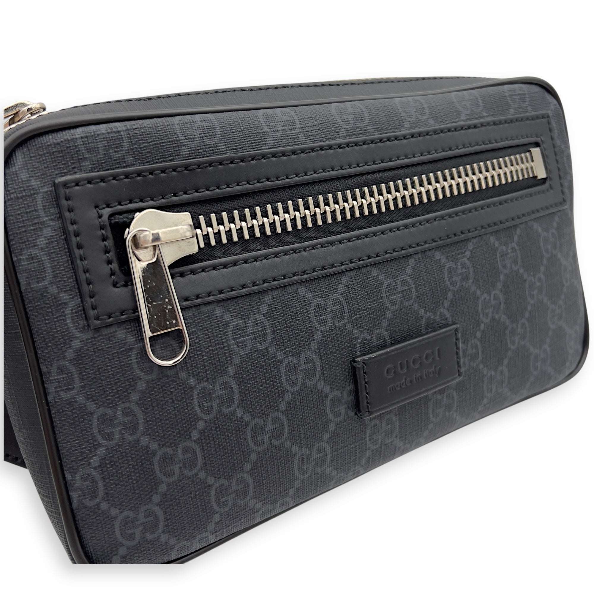 GG Supreme Black Belt Bag in Monogram Coated Canvas, Silver hardware
