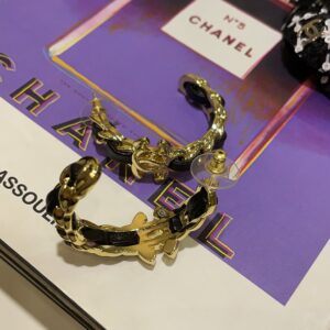 CHANEL 24K New Gold Double C Hoop Earrings with Leather-Woven Chain