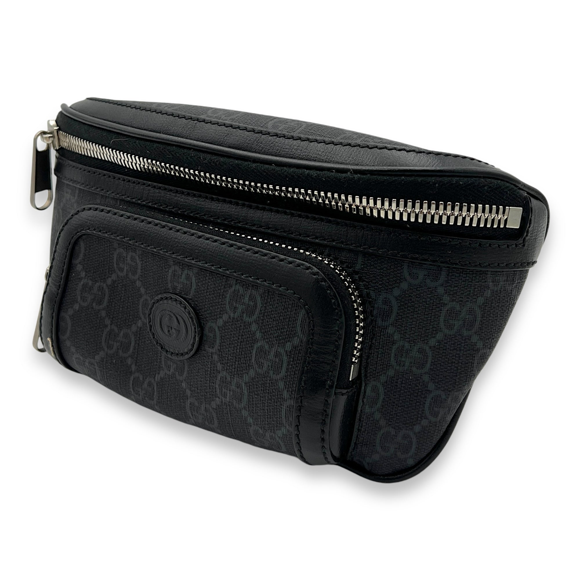 Interlocking G Black Belt Bag in Coated Canvas, Silver hardware