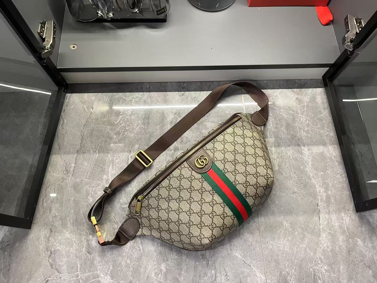 Gucci Ophidia GG Monogram Large Belt Bag - Beige and dark brown