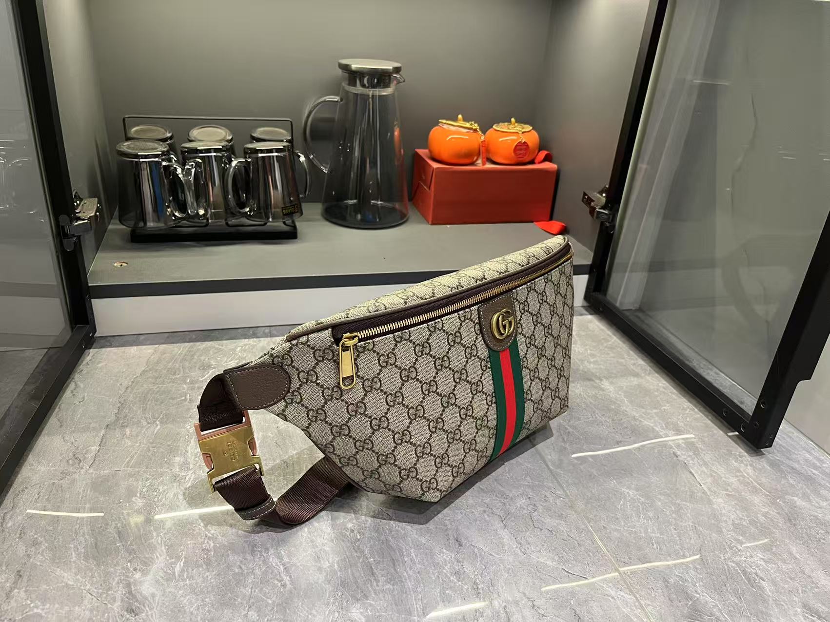 Gucci Ophidia GG Monogram Large Belt Bag - Beige and dark brown